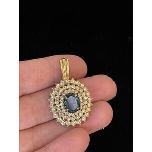 Vintage Roman Signed Faux Blue Sapphire & CZ Gold Tone Pendant